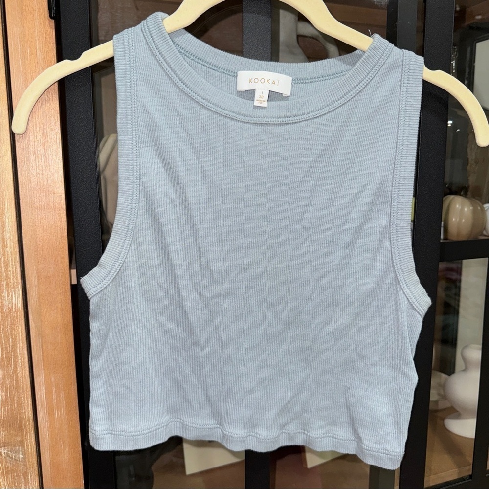 Kookai cropped tank top super amanda ribbed high neck slate blue